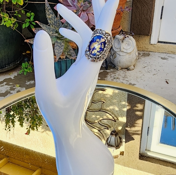 Paz Creations Blue Gold Glass Sterling Silver Ring Size 7 - Picture 4 of 6
